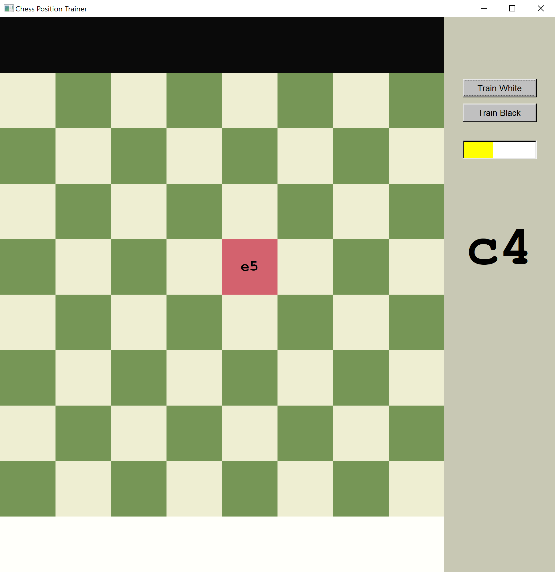 A chess position trainer oriented for white with e5 highlighted and c4 indicated.