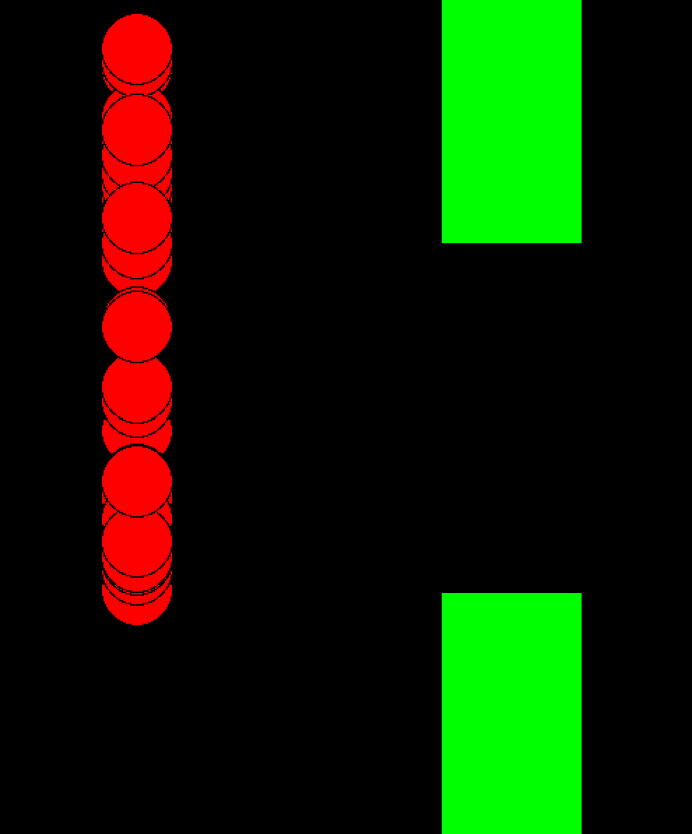 Red balls and green rectangles to look like flappy bird