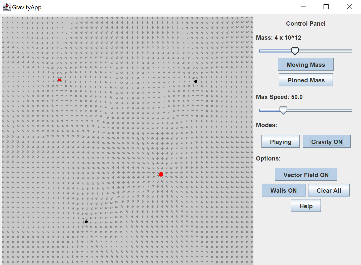 The main page of a gravity simulator.