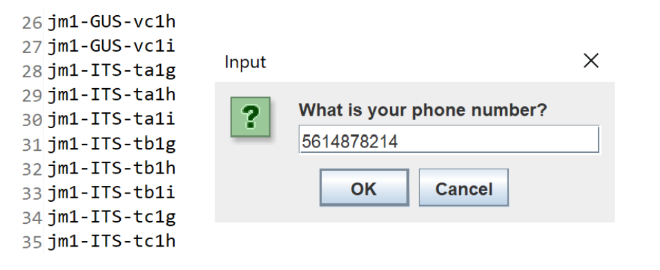 Some words found in a phone number and the input for the phone number