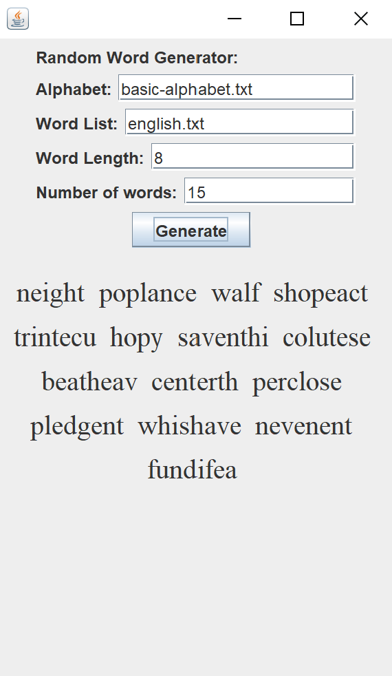 The random word generator with 15 random words.